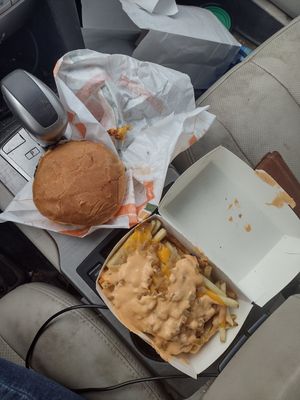 Cheese burger and iconic fries. at Plant Power Fast Food - Craig Rd in Las Vegas