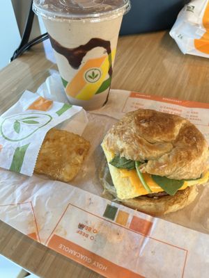 Breakfast sandwich, hash brown and shake  at Plant Power Fast Food - Craig Rd in Las Vegas