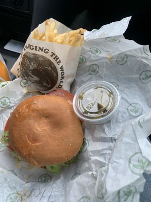 I grabbed the burger a little too hard! We were eager to eat! #Veganuary at Plant Power Fast Food - Craig Rd in Las Vegas