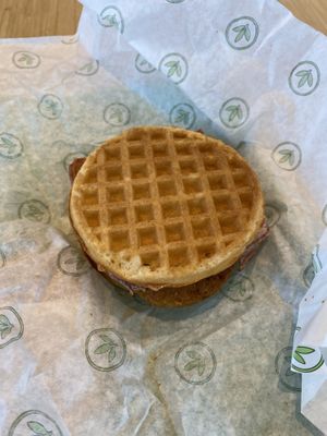 Chicken waffle sandwich  at Plant Power Fast Food - Craig Rd in Las Vegas