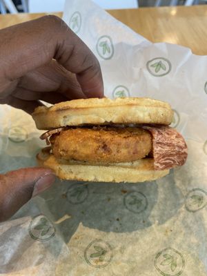 Chicken and waffle sandwich  at Plant Power Fast Food - Craig Rd in Las Vegas