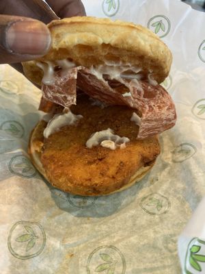 Inside of chicken and waffle sandwich - so good!  at Plant Power Fast Food - Craig Rd in Las Vegas