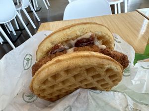 Chicken waffle sandwich  at Plant Power Fast Food - Craig Rd in Las Vegas