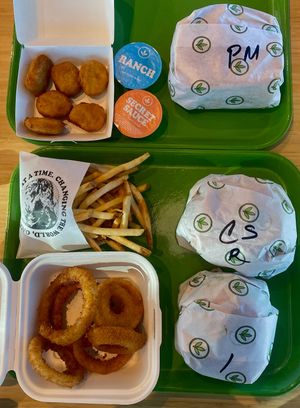 Patty Melt, Onion Rings (w Secret Sauce), 6pc Nugget (w Ranch), Crispy Chicken Sandwich, & Iconic Burger (w fries) at Plant Power Fast Food - Craig Rd in Las Vegas
