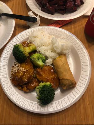 vegan sesame chicken with a spring roll at Black Bamboo in West Hartford