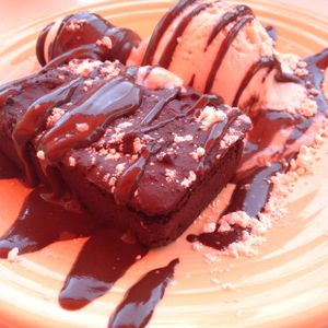 'I am surrendering' - gluten-free chocolate brownie with coconut-cashew ice cream at Cafe Gratitude- Larchmont in Hollywood