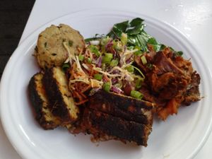 I Am Resolved Southern food plate at Cafe Gratitude- Larchmont in Hollywood