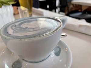 Cosmic:  spirulina latte with Shula kit, Reishi, chaga  at Cafe Gratitude- Larchmont in Hollywood