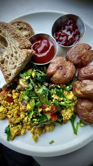 Breakfast tofu scramble, and potatoes  at Cafe Gratitude- Larchmont in Hollywood