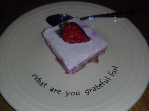 strawberry cake at Cafe Gratitude- Larchmont in Hollywood