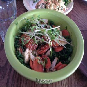 'I am fortified' bowl of quinoa topped with sesame-ginger sauce over steamed seasonal greens. at Cafe Gratitude- Larchmont in Hollywood