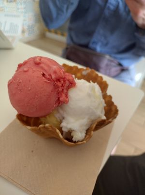Watermelon, lemon, orange sorbet in waffle cup at Gelato Magia in Tavira