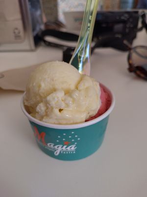 Pineapple and watermelon sorbet in a cup at Gelato Magia in Tavira