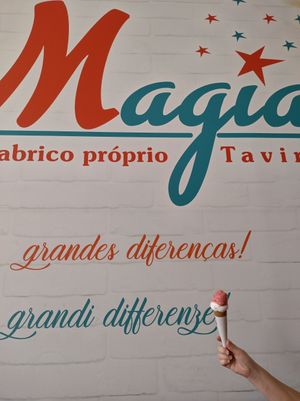 Watermelon and lemon sorbet in a cone at Gelato Magia in Tavira