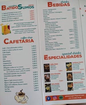 Menu at Gelato Magia in Tavira