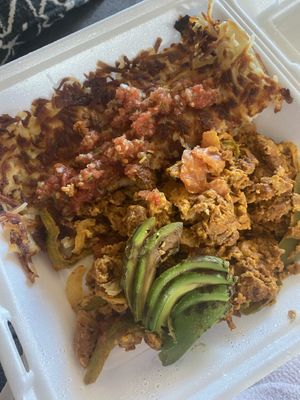 Southwest Delight, that I got to go for later. Pretty tasty! Wasn’t offered any vegan sour cream so maybe they don’t have it anymore? Heads up on that.  at Biscuits Cafe in Portland