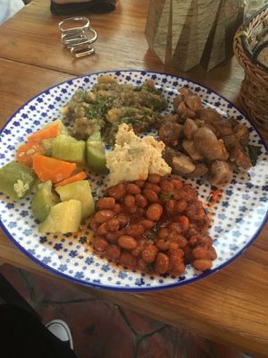 musakka(mashed eggplant), sautéed mushroom and cabbage, red beans and hummus  at Roka Cafe in Istanbul