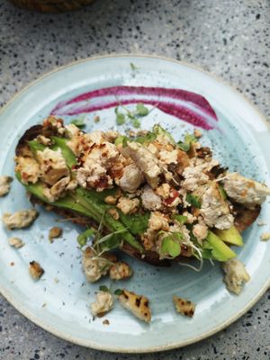 Avo toast with tofu on top at Mija  in Medellin