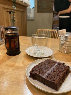 Vegan chocolate cake with rooibos tea at Mija  in Medellin