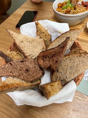 bowl of assorted vegan breads (came with hummus and jam) at Mija  in Medellin