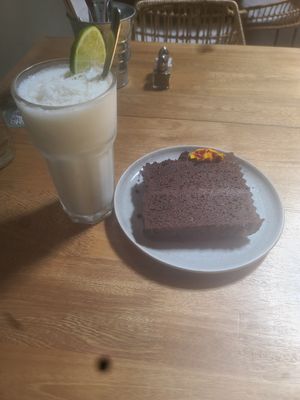 Chocolate cake with coconut lemonade at Mija  in Medellin