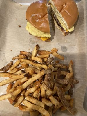 Just egg and impossible sausage sandwich on brioche bun at Maple & Rye in Laporte