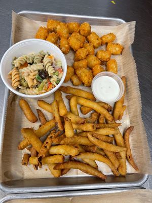 Pickle fries, tater tots, and pasta salad served with vegan ranch! at Maple & Rye in Laporte