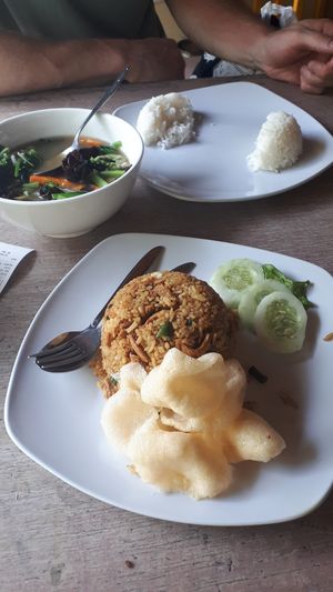 Rainbow fried rice, bowl of Capcay at the back! at Loving Hut Express - Gejayan in Yogyakarta