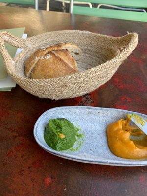 Bread with creamy carrot dip and parsley dip (vegan)  at LAUCH in Basel