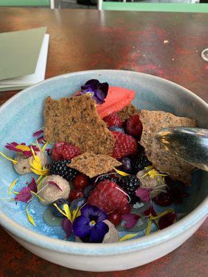 Strawberry sorbet with berries, pumpkin seed caramel cracker, coffee cream (vegan)  at LAUCH in Basel