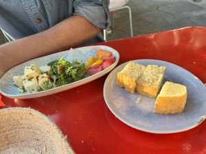 Grilled tofu with pickled vegetables and focaccia  at LAUCH in Basel