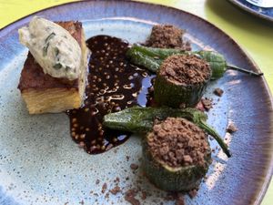 Potato millefuille, courgette, and peppers. Yum.  at LAUCH in Basel