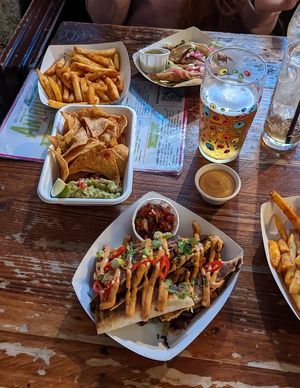 Seitan quesadilla’s bottom, banana blossom tacos top   at Antojitos - The Dog House in Edinburgh