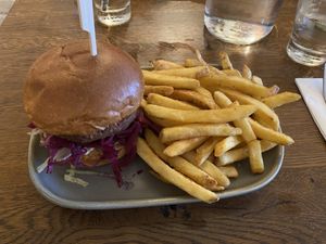 Vegan burger with chips   at The Oak in Bromley