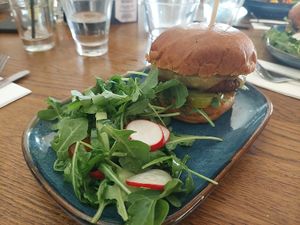 Vegan burger with salad instead of chips. Ask for the salad with added salt! at The Oak in Bromley