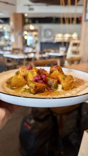 Pumpkin with hummus and pomegranate seeds  at Oxleys Bar & Kitchen in Picton