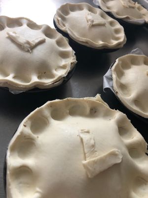 Homemade vegan Mushroom abs Guinness pies ready for the oven.  at The Ancient Briton Hotel in Pen-y-cae