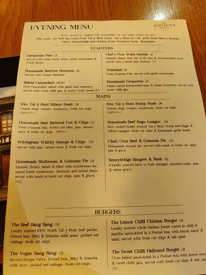 Menu 1 at The Ancient Briton Hotel in Pen-y-cae