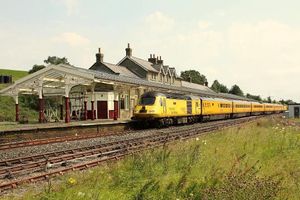 Station with Network Rails track recording train  at Shed 24H in Hellifield
