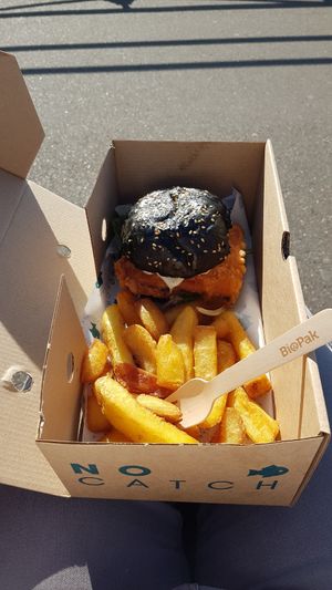 Tofish burger and chips at The No Catch Co in Brighton