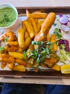 Smoked tofu and chips with mushy peas at The No Catch Co in Brighton