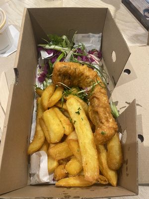 ‘Medium cod and chips’ £10 (sorry written review says £8!) at The No Catch Co in Brighton