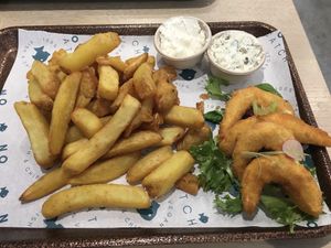 Jumbo lemon shrimp & chips with tartare and aioli  at The No Catch Co in Brighton