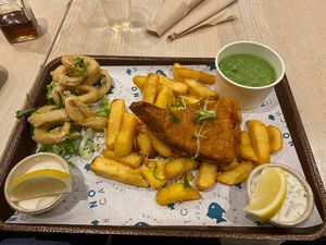 Regular smoked vegan haddock & chips with calamari and mushy peas at The No Catch Co in Brighton