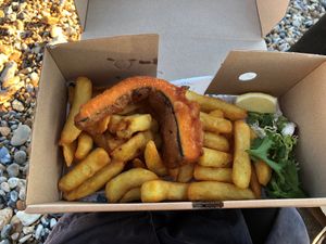 'Cod' and chips on the Brighton beach opposite the restaurant. Perfect! at The No Catch Co in Brighton