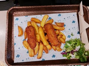 Kids battered sausages and chips at The No Catch Co in Brighton