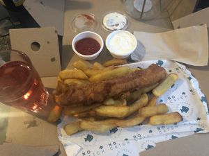 Battered saveloy and chips   at The No Catch Co in Brighton