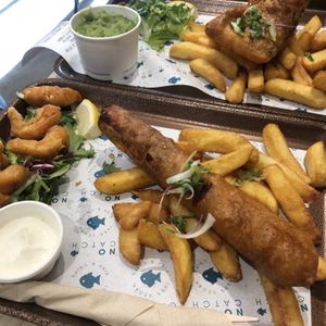 Jumbo saveloy, tempura prawns and fish’n’chips.  at The No Catch Co in Brighton