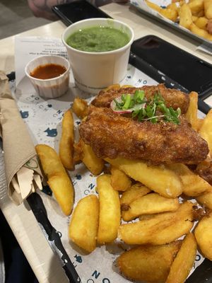 Battered sausage and chips (regular), mushy peas, franks hot sauce   at The No Catch Co in Brighton