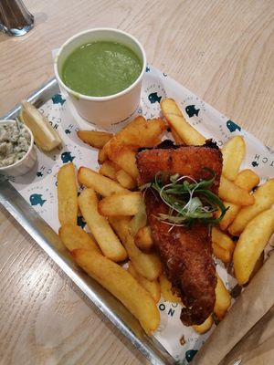 Battered 'haddock'. Regular size with a side of mushy peas. at The No Catch Co in Brighton